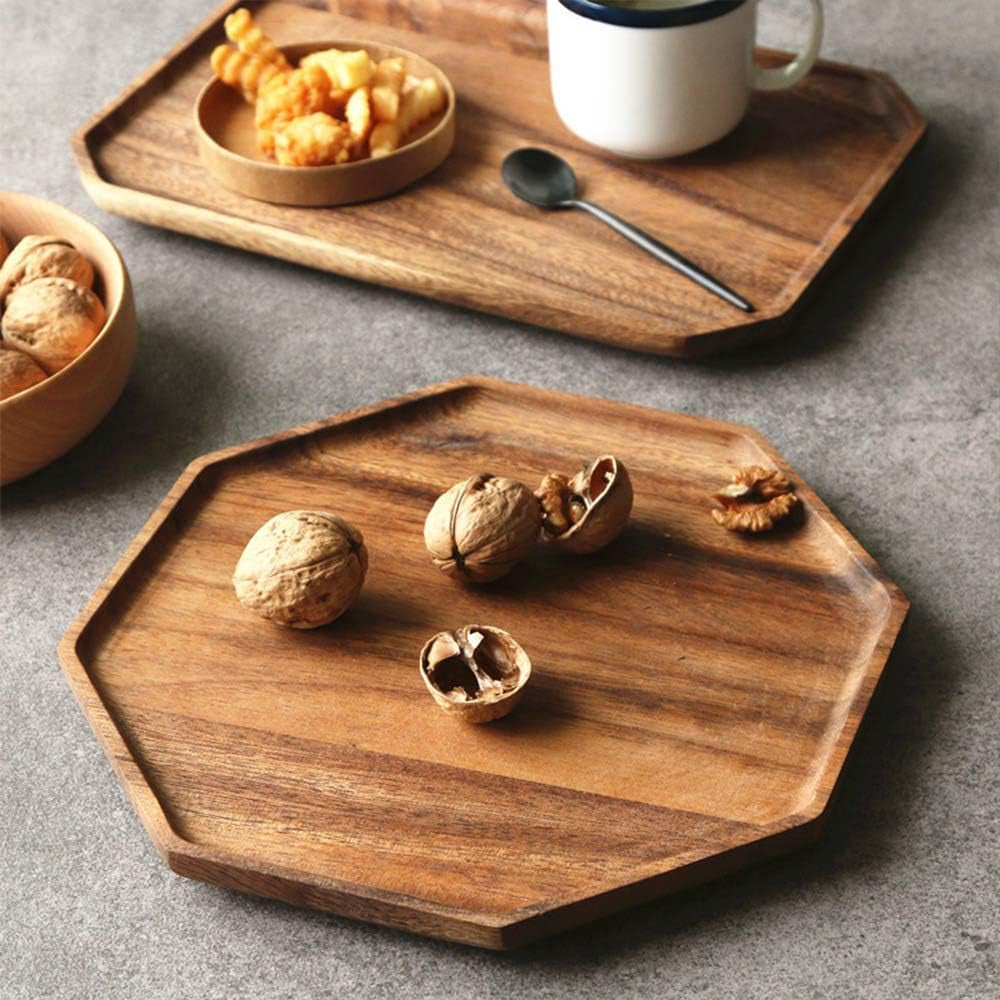 Set of 2 Acacia Wooden Trays Serving Platters round Square Veggie Serving Tray Decor Bread Charcuterie Board Fruit Hosting Essentials Cheese Platter Vegetable Food Dish Charger Plate Charcuterie Board