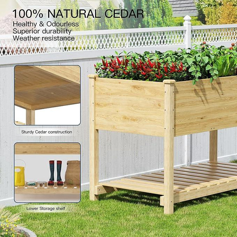 Raised Cedar Wood Planter Box w/ Legs and Lower Shelf